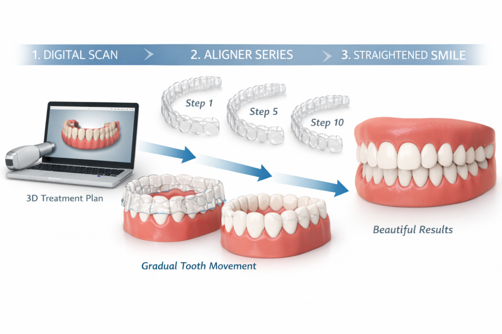 Step by step clear aligner treatment showing gradual tooth movement